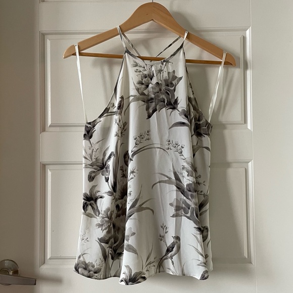 LOFT Tank Top Gray Ecru Bird Print Halter Size Medium Petite - Picture 2 of 6